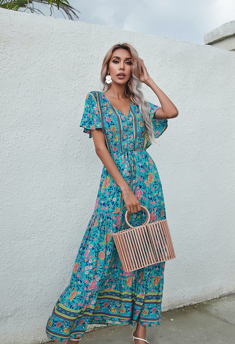 R.Vivimos Womens Summer Floral Print Cotton Short Sleeve Flowy Dress (XL, Green) - Image 4